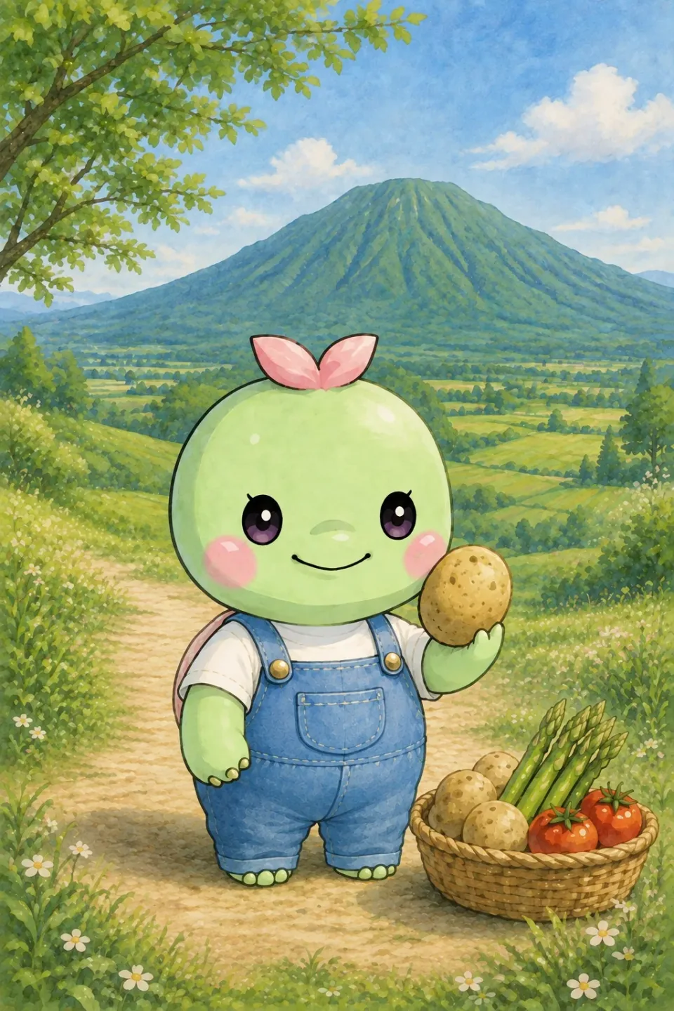 よりみち絵はがき「羊蹄山と、畑のごちそう」。ニセコ・羊蹄山麓を旅するタルトの絵。
