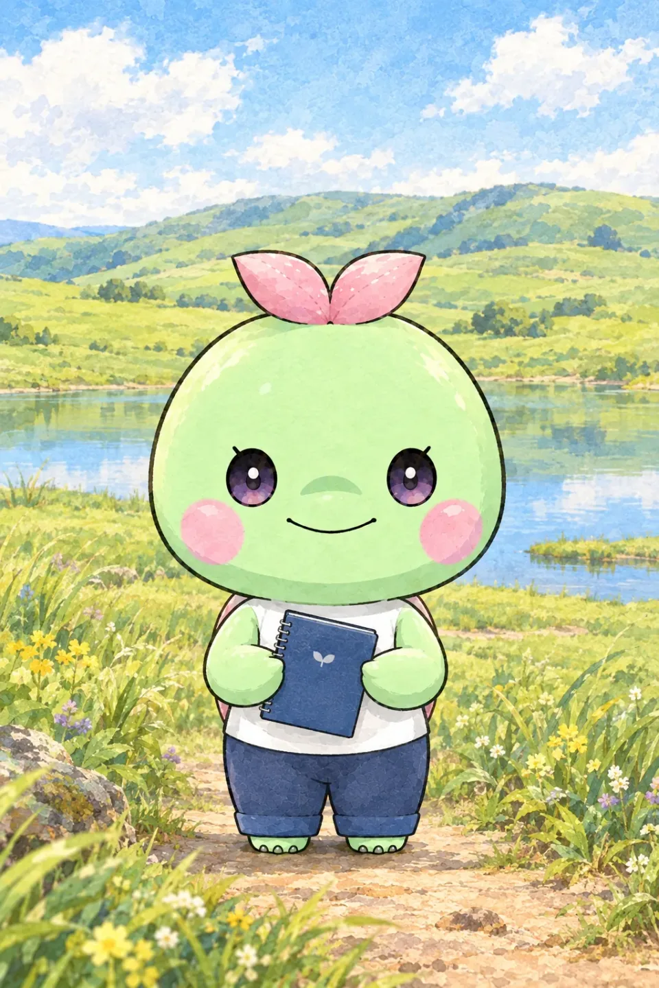 よりみち絵はがき「草原の風と小さな池」。熊本県・阿蘇を旅するタルトの絵。